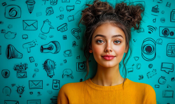 Young woman with creative hairstyle standing in front of teal wall with social media and communication icons illustrating digital interaction and online connection concepts - Powered by Adobe