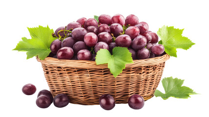 Fresh Grapes Arranged in Wicker Basket Isolated on White Background