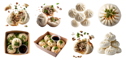 Set of Chinese stuffed steamed bun bao baozi Mantou, takeaway carton box, meat vegetable parsley filling, broken bitten fly pile, isolated transparent cutout PNG. Mockup template
