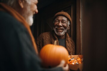 Smiling senior men exchanging halloween treats and pumpkin at the door