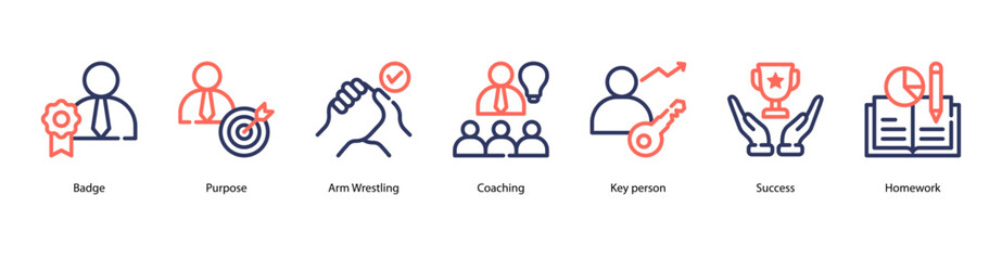Success Plan web banner icon vector illustration featuring Badge, Purpose, Arm Wrestling, Coaching, Key Person, Success, and Homework.
