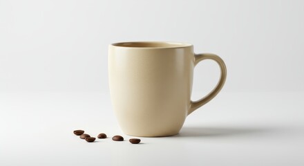 Serene Coffee Moment: A Neutral Mug Complemented by Scattered Coffee Beans on White