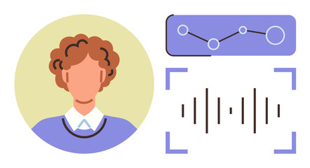 Human profile next to audio frequency visualization and line graph. Ideal for voice recognition, data analysis, AI, communication, sound processing, technology education, simple flat metaphor