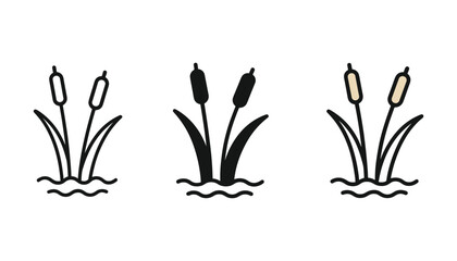 Obraz premium Cattail Icon Set, Reedmace Silhouette, Outline Style, Water Plant, Vector Illustration