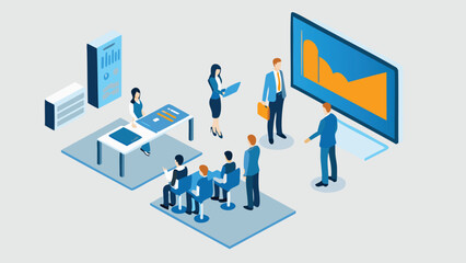 Isometric office scene showing a presentation with people and furniture in a blue and orange color scheme