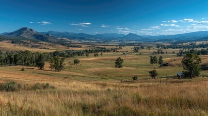 Fototapeta premium Panoramic view of a vast, dry grassland valley, nestled between distant mountain ranges under a clear blue sky