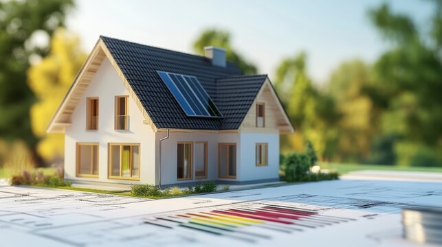 Eco-friendly house model on blueprints with energy efficiency rating chart.