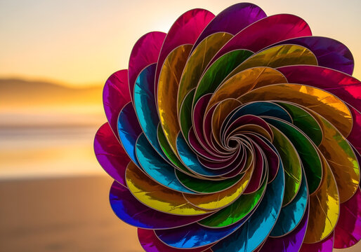 An abstract spiral bloom composed of iridescent paper segments, photographed at sunset with warm yellow lighting against a golden, blurred beach background with a light mist reflecting the setting sun