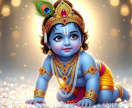 Divine Baal Gopal Crawling with Peacock Feather and Gold Jewelry | Janmashtami Krishna Wallpaper
