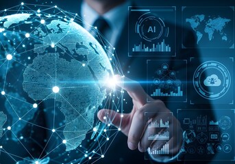 Businessman interacting with a futuristic digital globe and data overlays