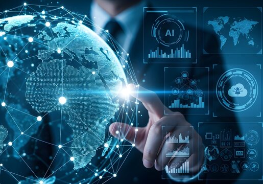 Businessman interacting with a futuristic digital globe and data overlays