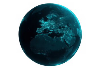 Rotating planet earth revealing europe, mediterranean sea glowing with nighttime city lights against transparent backdrop