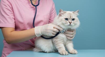 Ragdoll cat gets a health examination by a veterinarian with stethoscope in a medical clinic on blue backdrop