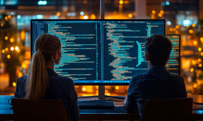 Two software developers collaborating on coding project with multiple monitors displaying programming code in modern office at night