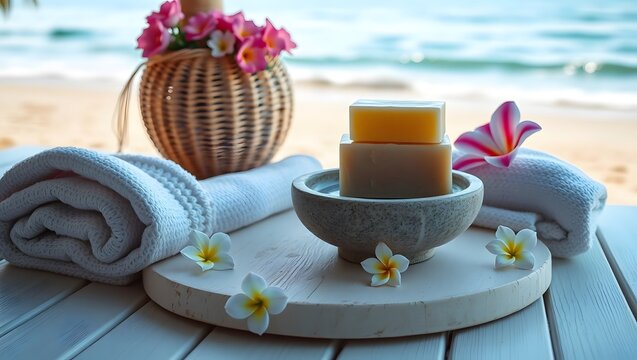 Beach spa scene with soap, towels, and flowers in a basket on a white wooden surface near the ocean
