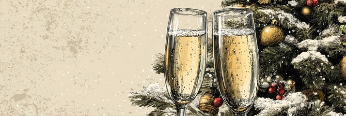 Celebration with champagne flutes near a decorated Christmas tree during a festive winter season