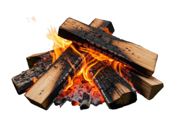 Burning wood logs with bright orange flames isolated on transparent background