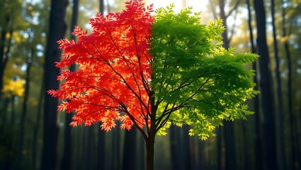 A tree with half red leaves and half green leaves in a forest with a blurred background effect
