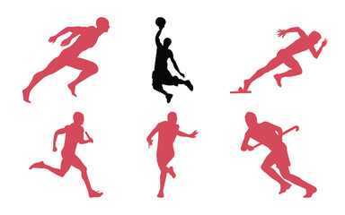 Diverse sports silhouettes featuring runners, a basketball player, and track athletes in motion, isolated on white background