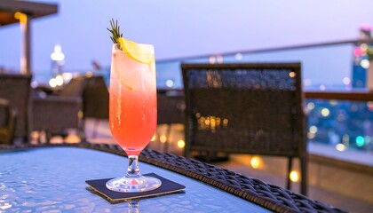 Refreshing pink cocktail with lemon and rosemary garnish on a rooftop terrace at twilight