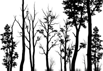 Fototapeta premium Collection of simple black birch tree silhouettes, isolated on white background , botanical, elegant