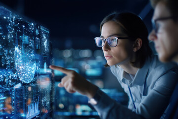A woman analyzes digital data on a futuristic interface while a colleague observes, showcasing collaboration and advanced technology.