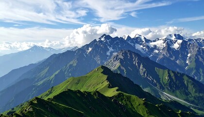 Majestic mountain range, lush green valleys, snow-capped peaks, vibrant sky