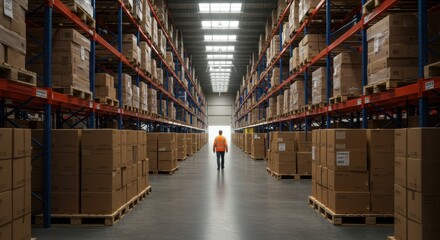 Person inspecting merchandise in a distribution warehouse filled with packages ready for delivery and global commerce
