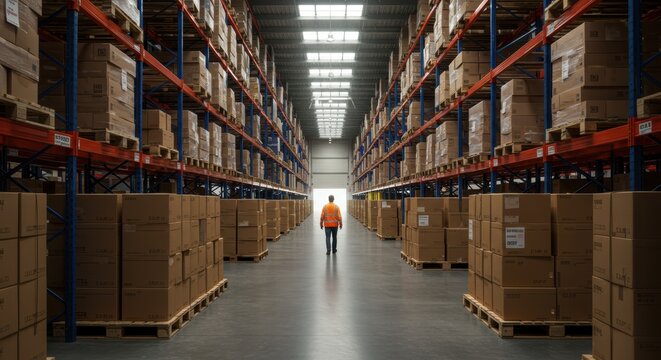 Person inspecting merchandise in a distribution warehouse filled with packages ready for delivery and global commerce