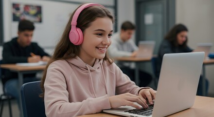 A smiling student wearing pink headphones types on a laptop in a classroom.