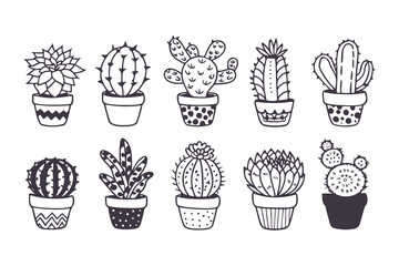Set of cute hand-drawn cactus and succulents in decorative pots. Kawaii doodle illustration collection for stickers, coloring pages, and nursery decor.