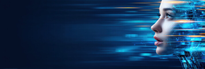 A futuristic digital representation of a human face blended with abstract technology elements against a dark background.