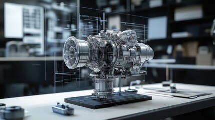 Fototapeta premium Engine design, 3D model, engineering office, blueprints, CAD software