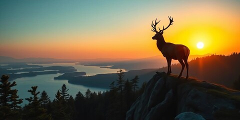 Majestic stag silhouette on clifftop at sunset, overlooking lake and pines,  horizon,  scenery