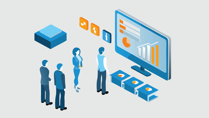 Isometric view of business team analyzing data on a large computer screen with charts and graphs