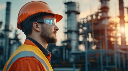 Engineer in safety gear, refinery backdrop, contemplation at sunset