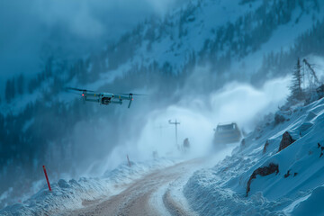 Drone flying over snowy mountain road during blizzard with car driving on dangerous conditions