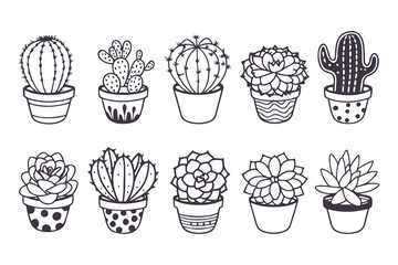 Set of cute hand-drawn cactus and succulents in decorative pots. Kawaii doodle illustration collection for stickers, coloring pages, and nursery decor.