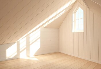 Obraz premium Sunlight bathes white attic wood panels, soft shadows dance, serene airy ambiance, wood, panels