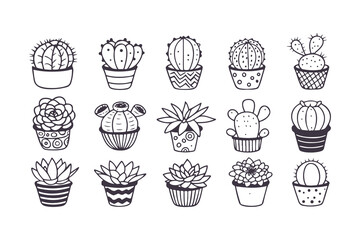 Set of cute hand-drawn cactus and succulents in decorative pots. Kawaii doodle illustration collection for stickers, coloring pages, and nursery decor.