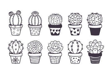 Set of cute hand-drawn cactus and succulents in decorative pots. Kawaii doodle illustration collection for stickers, coloring pages, and nursery decor.