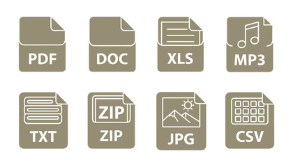 File Type Icons Set Vector Illustration,Document Formats: PDF, DOC, XLS, MP3, TXT, ZIP, JPG, CSV, Vector Illustration.