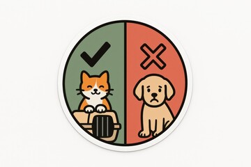 Illustrative sign demonstrating pet transportation guidelines with a smiling cat representing approval and a sad dog indicating disapproval in a user-friendly educational format