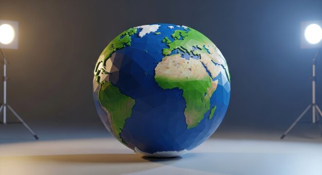 Low-poly earth globe with studio lights, showcasing Africa, Europe and America