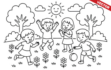 Children playing in the park on a sunny day, running and laughing surrounded by trees, flowers, and clouds, perfect for a fun and lively coloring book design