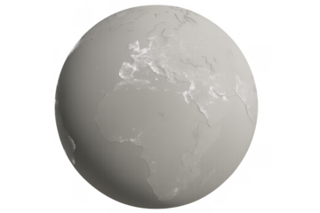 Rotating 3d planet earth model, grey rendering highlighting europe and africa, transparent background suitable for scientific visualization