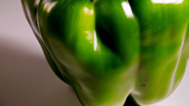 Close up of a fresh ripe green bell pepper with smooth surface and natural curves against a white background in a studio setting.