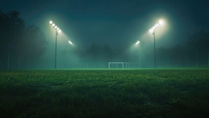 A rugby field at night, illuminated by floodlights, with lush green grass and a hazy, foggy atmosphere.