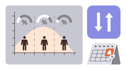Bell curve graph with percentages and figures, arrows for data trends, and calendar showing alert. Ideal for analytics, research, data tracking, planning, forecasting productivity progress. Clean