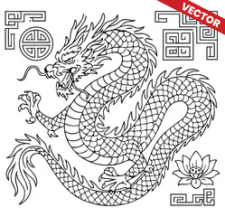 Intricate Dragon Design with Clouds, Lanterns, and Chinese Symbols for Coloring Book